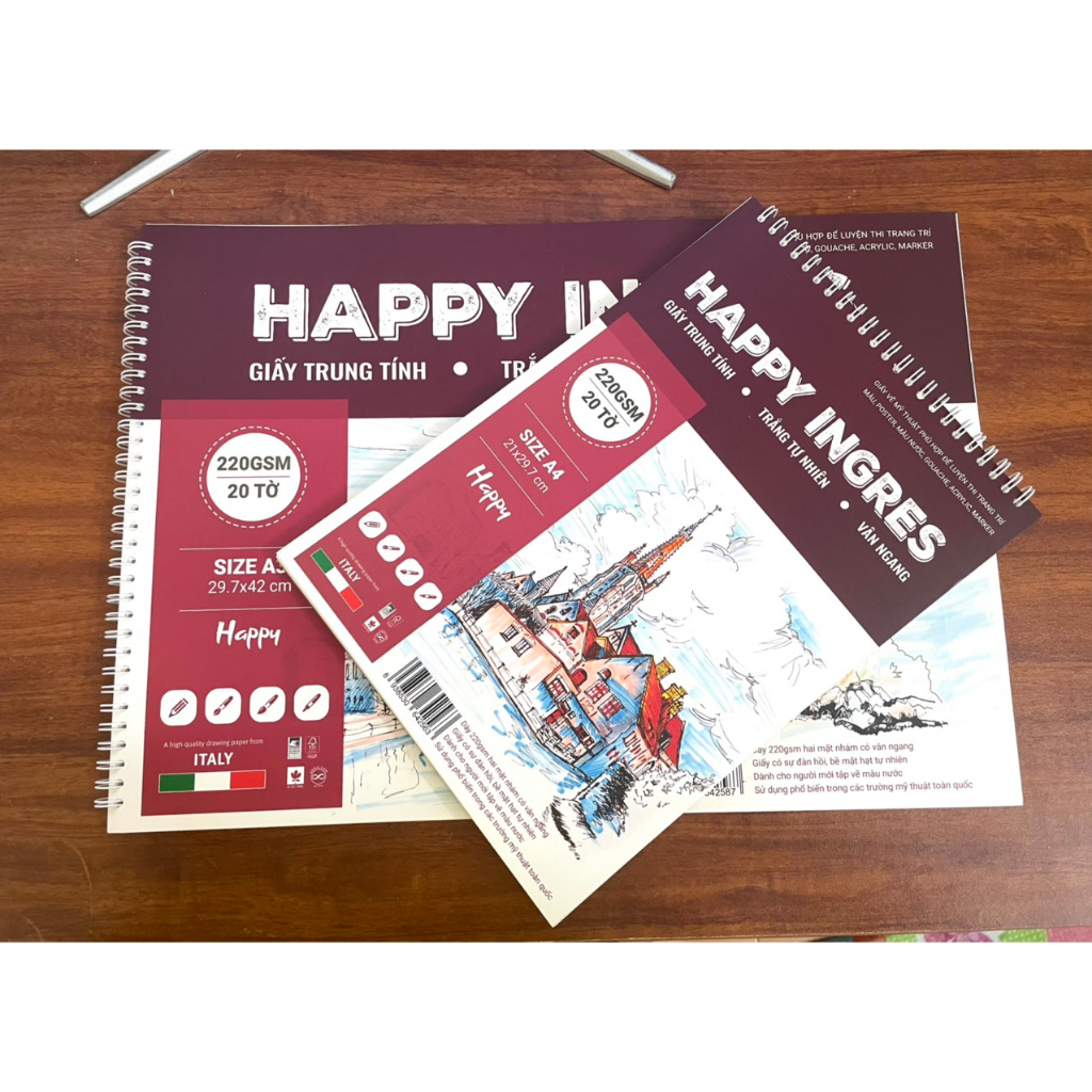 Sổ Vẽ Happy Canson Ingres Vân Ngang A4/A3 220gsm (Giấy vẽ Màu nước, Acrylic, Marker, Màu Sáp...)