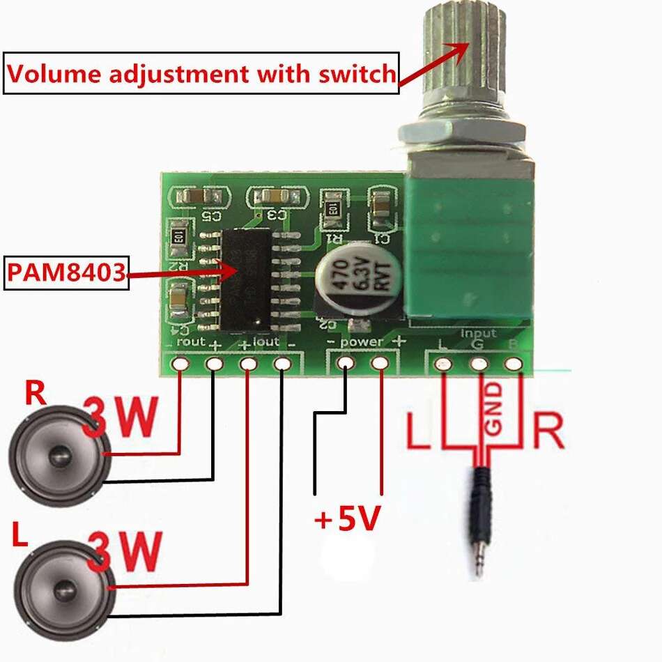 PAM8403 with Volume Control Audio Amplifier 3W Stereo Class D by Power Flash.