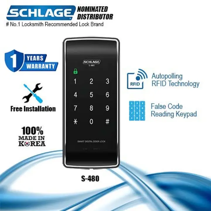 Schlage S480 Digital Door Lock Pin Code ,RFID Card for wood door BTO/HDB (FREE Installation)