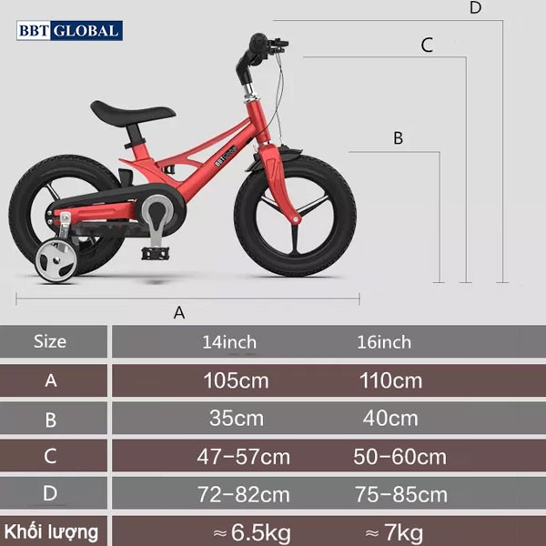Xe đạp trẻ em BBT Global khung siêu nhẹ size 16 inch BB66-16 màu hồng