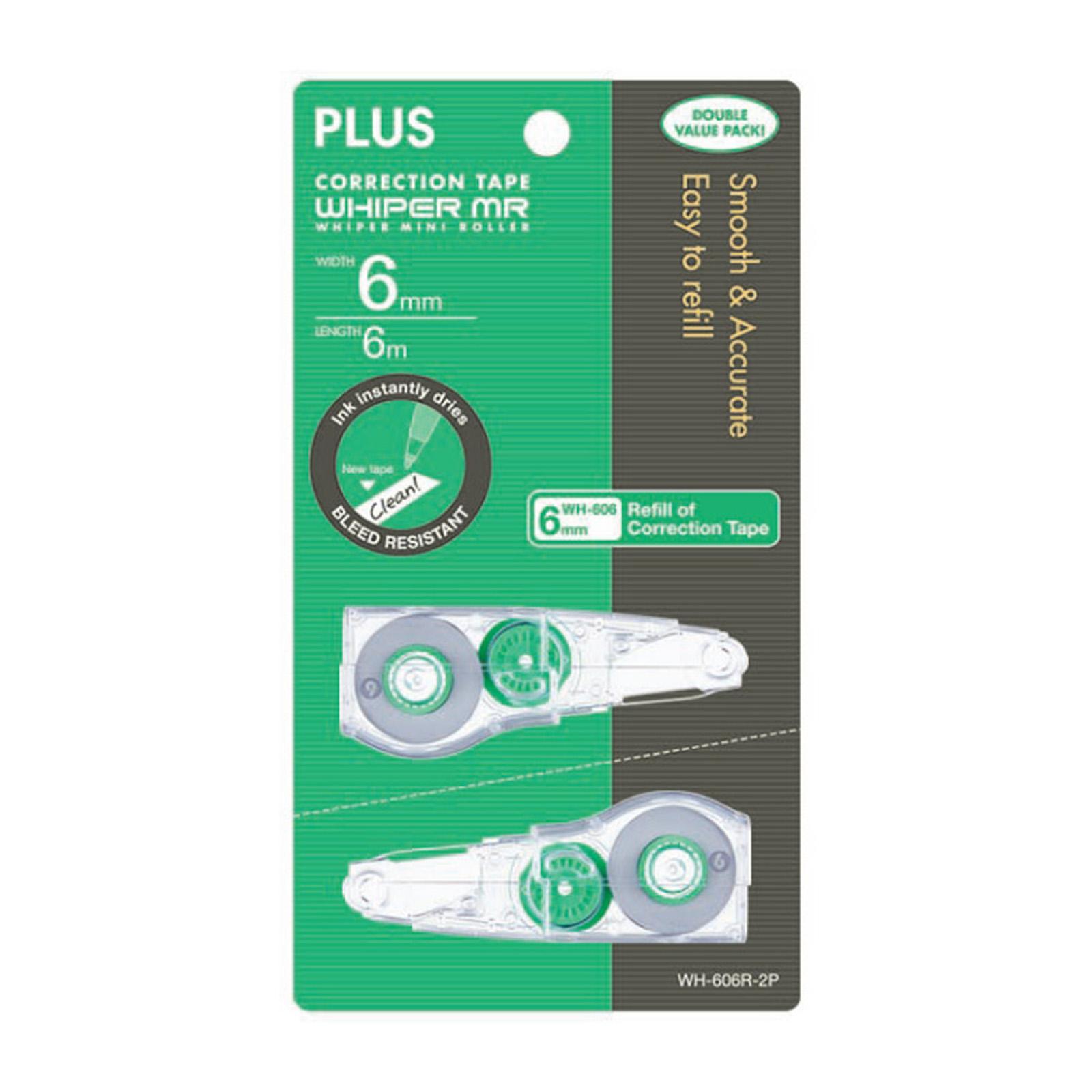 Plus Whiper PT Replacement Correction Tape Refills, 0.2" (4mm) X 13.9 Ft, Green, Pack Of 6