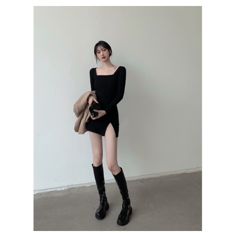 Đầm Body Thun Xẻ Đùi Tay Dài Quyến Rũ Cho Nữ Phong Cách Basic