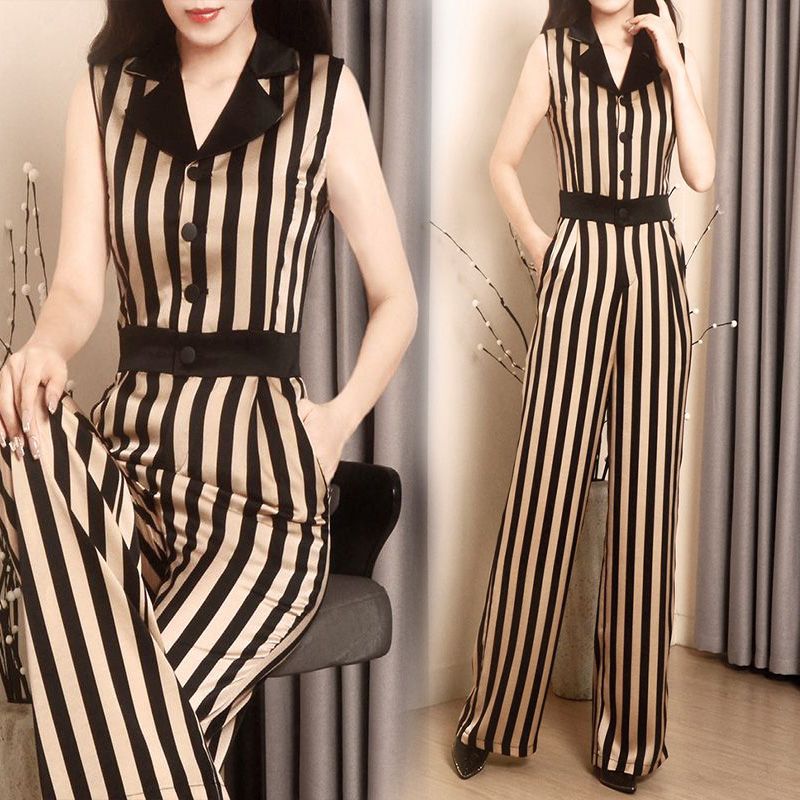 Striped jumpsuit summer women temperament suit collar slim wide-leg pants