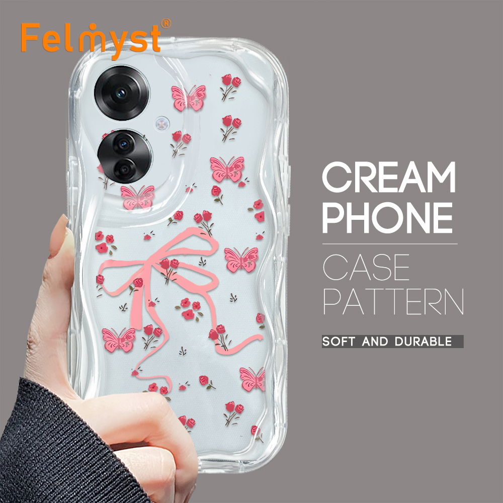 FELMYST for OPPO Reno11 F 5G Back Cover Butterfly Pink Flower Cream Texture Wavy Edge Soft Silicone Phone Case. 