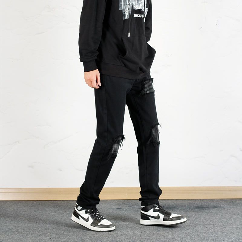 Hanlu Men's slim fit pants black patch jeans handsome slim fit jeans