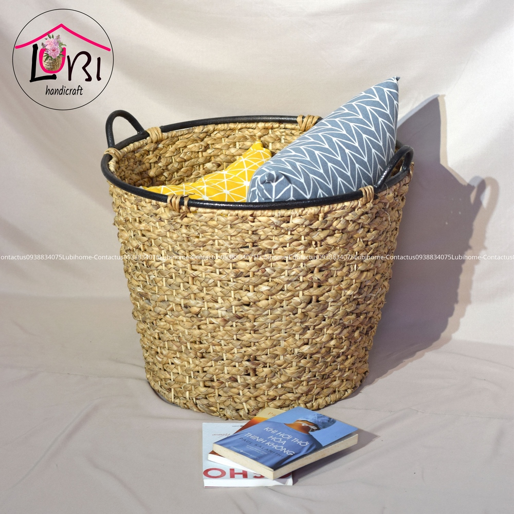 Round water hyacinth baskets with vintage iron handles