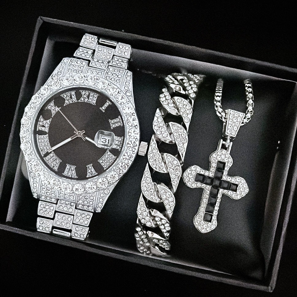 【Exclusive Offer】New Cross-Border Water Ghost Diamond-Embedded Men's Watch with Roman Scale and Calendar - Gold Watch Set