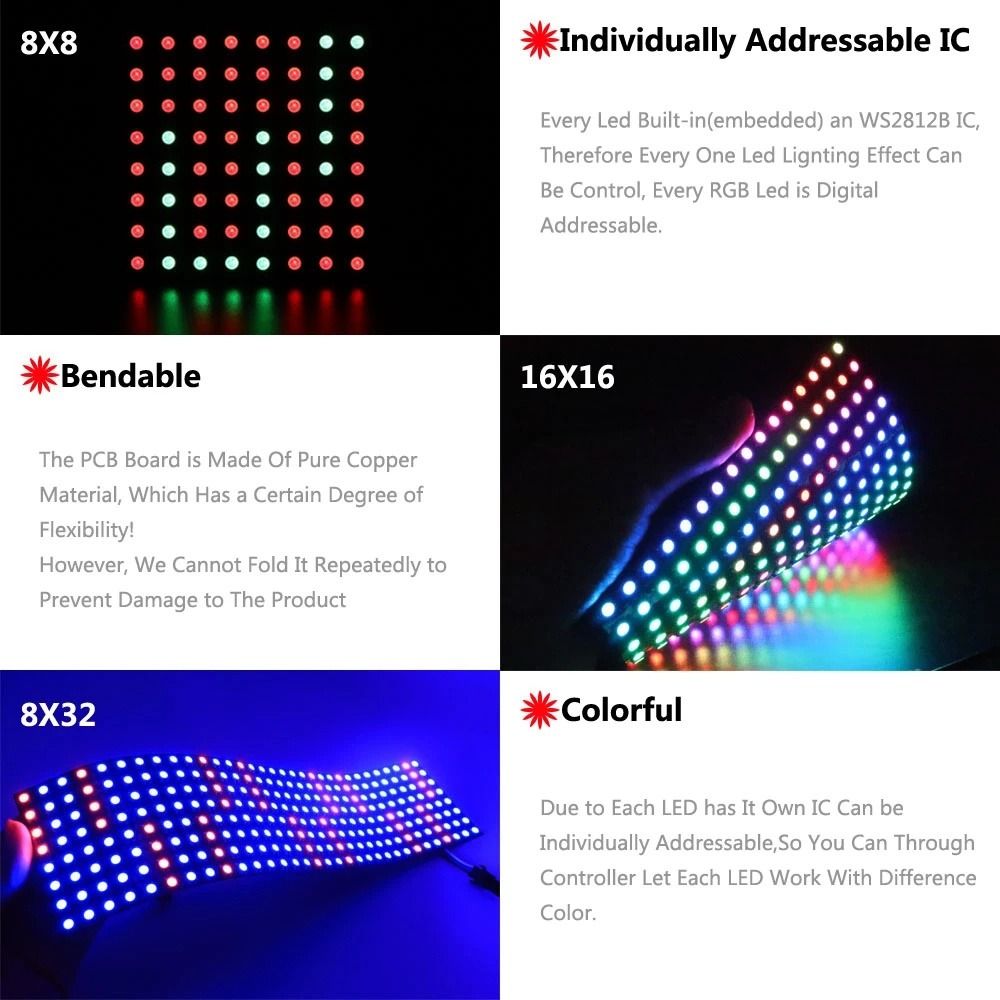 Deong DC5V cá nhân địa chỉ ws2812b 8x8 16x16 8x32 WS2812 RGB LED ma trận đèn dạng tấm mô-đun pixel Màn hình pixel Bảng Led đèn dạng tấm bảng điều khiển ánh sáng