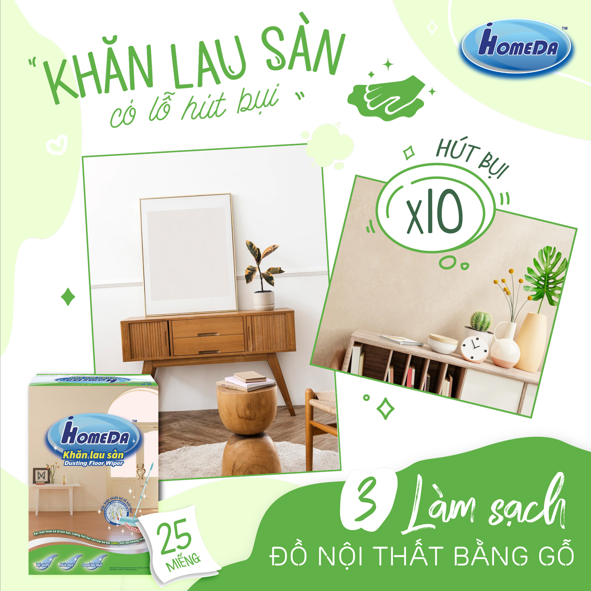 [MUA 4 TẶNG 1] Khăn Lau Sàn Hút Bụi iHomeDa (25 Khăn/ Hộp)