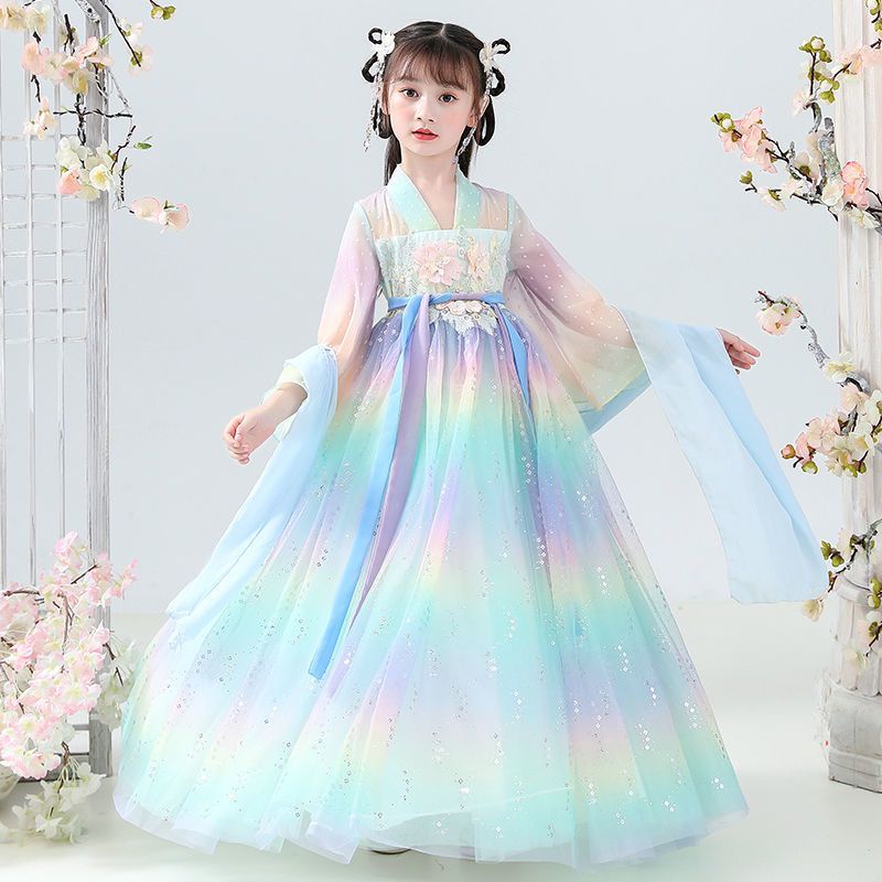 Codđầm hán phục tay dài in họa tiết hoa anh đào phong cách trung quốc thời trang xuân thu cho bé gái 12 tuổi 10 tuổi