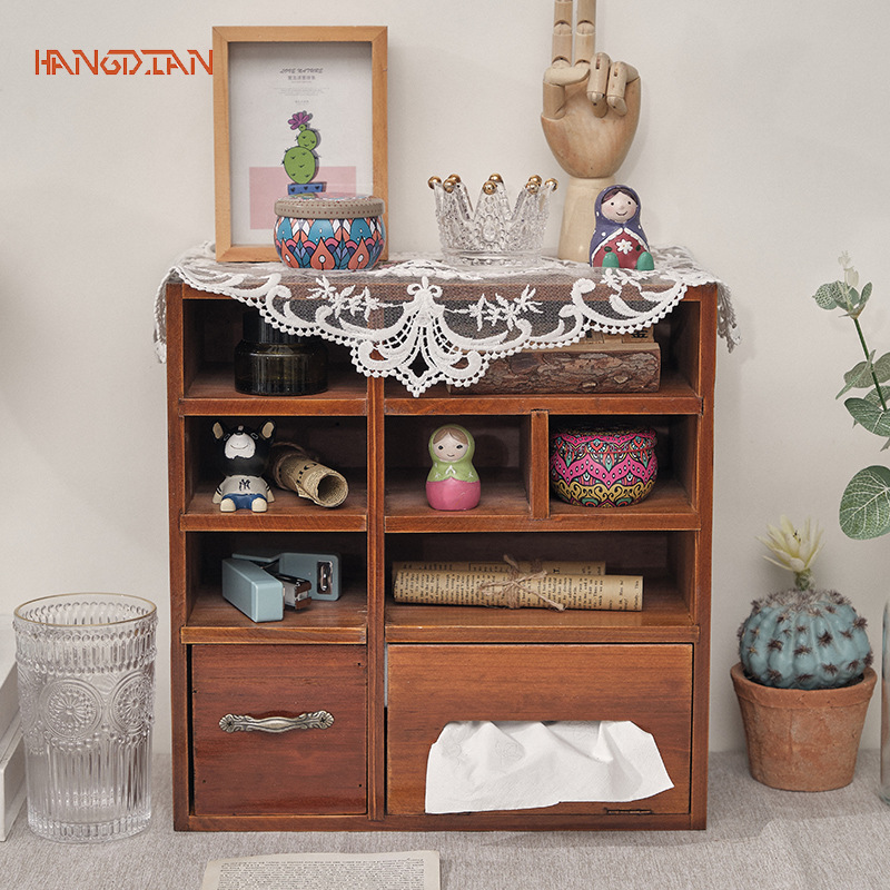 Retro storage box with tissue box, table shelf, wooden tabletop storage box, storage cabinet