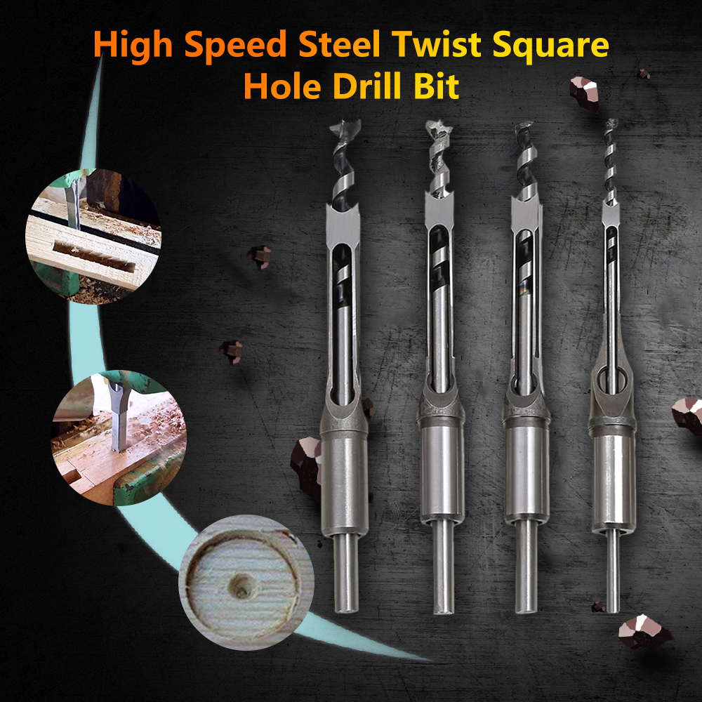 pcbfun Square Hole Mortise Chisel Drill Bit Tools Woodworking Hole Saw Drill Bit Set Twist Drill Different Sizes 1/4 5/16 1/2 3/8 Inch