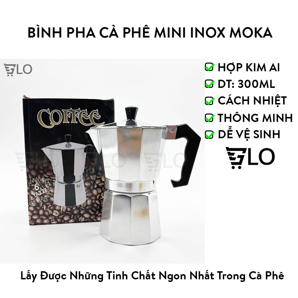 Bình pha cà phê mini inox moka 300ml, phong cách kiểu ý, ấm pha cafe