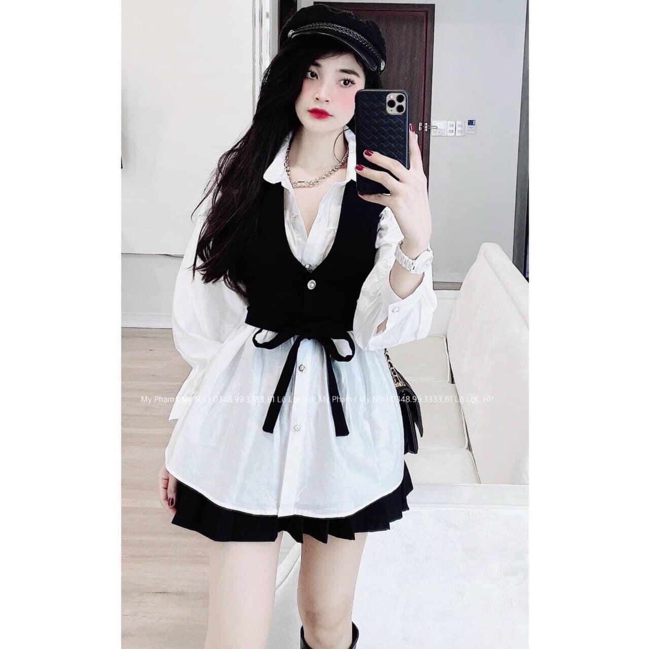 Set 3 món - Áo sơ mi trắng tay dài form rộng kèm Áo khoác vest đen cột dây sành điệu MIX Chân váy kate xếp li cực điệu đà cá tính