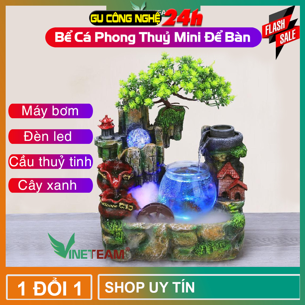 Bể Cá Mini Thuỷ Sinh phong thuỷ để bàn - Thác nước phong thuỷ mini giá rẻ, hồ cá thuỷ sinh tiểu cảnh non bộ, cây nhựa mini, đèn led pha lê