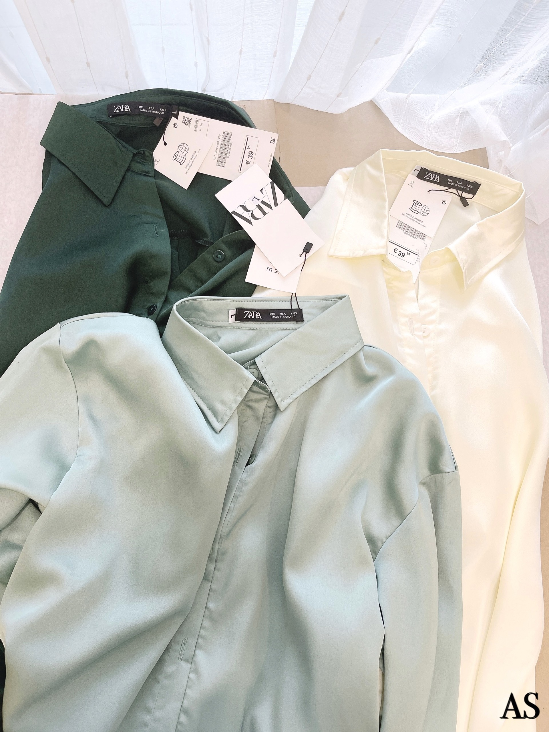 Áo sơ mi nữ dài tay lụa bóng cổ đức vạt tròn ZARA