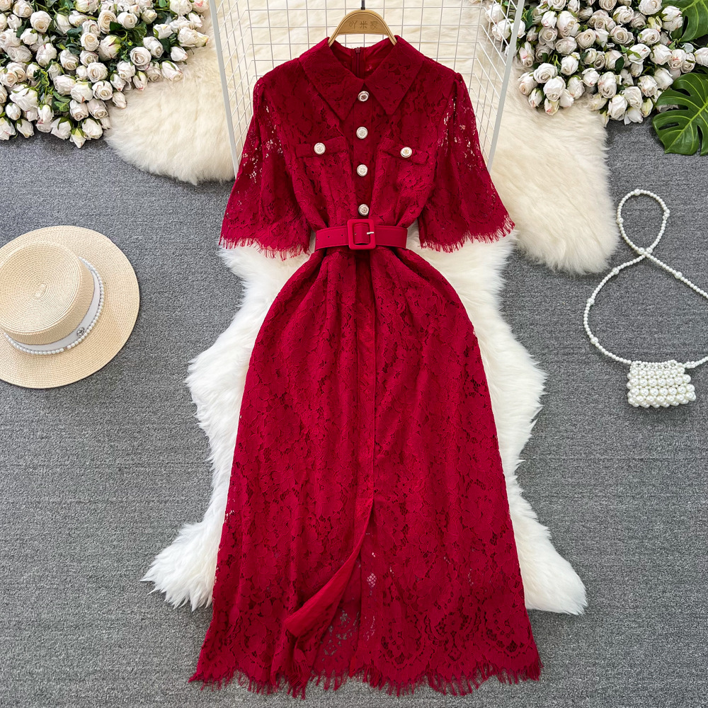 Women Fashion Vintage Short Sleeve Lapel High Waist Slim Single Breasted A-line Dress Summer Hollow Lace Party Vacation Dresses