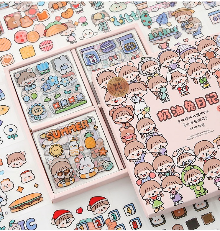 Hộp 100 tấm sticker cute - Nhật ký kem thỏ