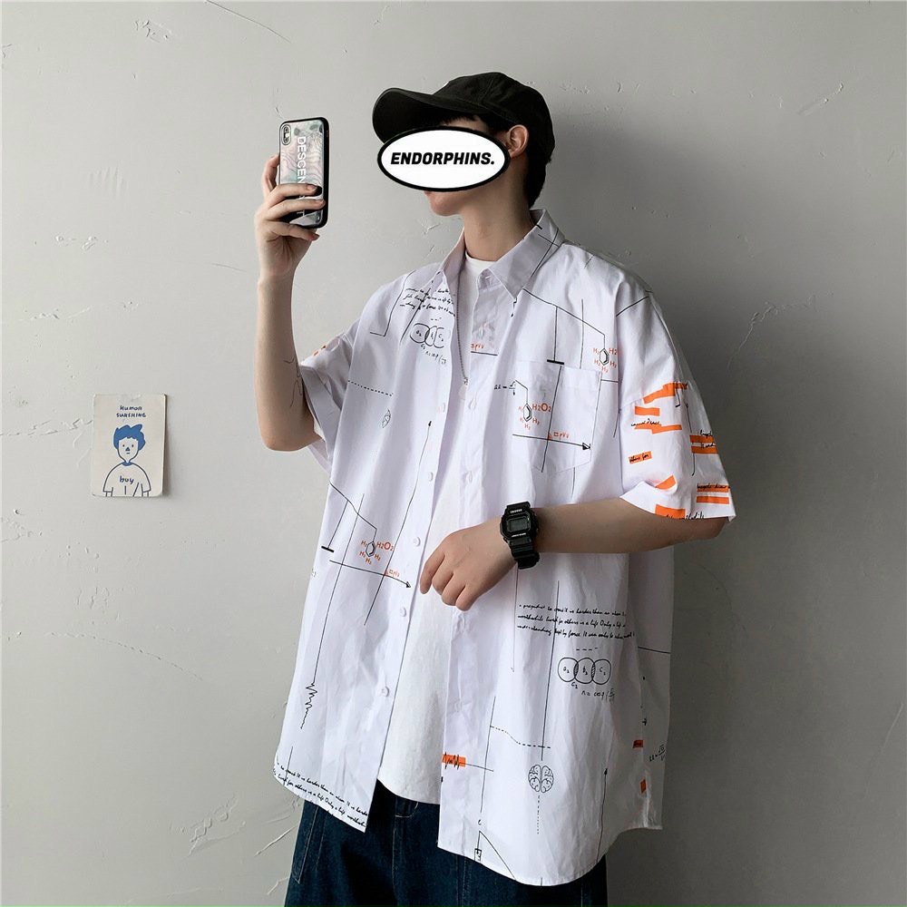 Áo sơ mi nam ngắn tay form rộng họa tiết toán học độc đáo cá tính chất voan lụa mềm mịn thoáng mát chất đẹp