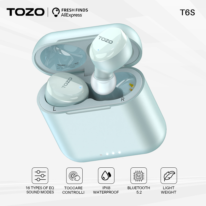 TOZO T6 True Wireless Earbuds Bluetooth 5.3 In Ear Headphones Touch Control  with Wireless Charging Case IPX8 Waterproof Built-in Mic Headset Premium  Deep Bass Earphones, Champagne 