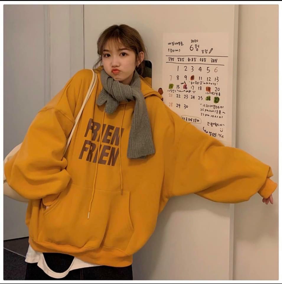 Áo Hoodie Dài Tay Cổ Điển Cho Nữ Áo Nỉ Có Mũ Ngoại Cỡ Lót Lông Cừu Ấm Áp Áo Len Chui Đầu In Chữ FRIEN Dáng Rộng Áo Khoác