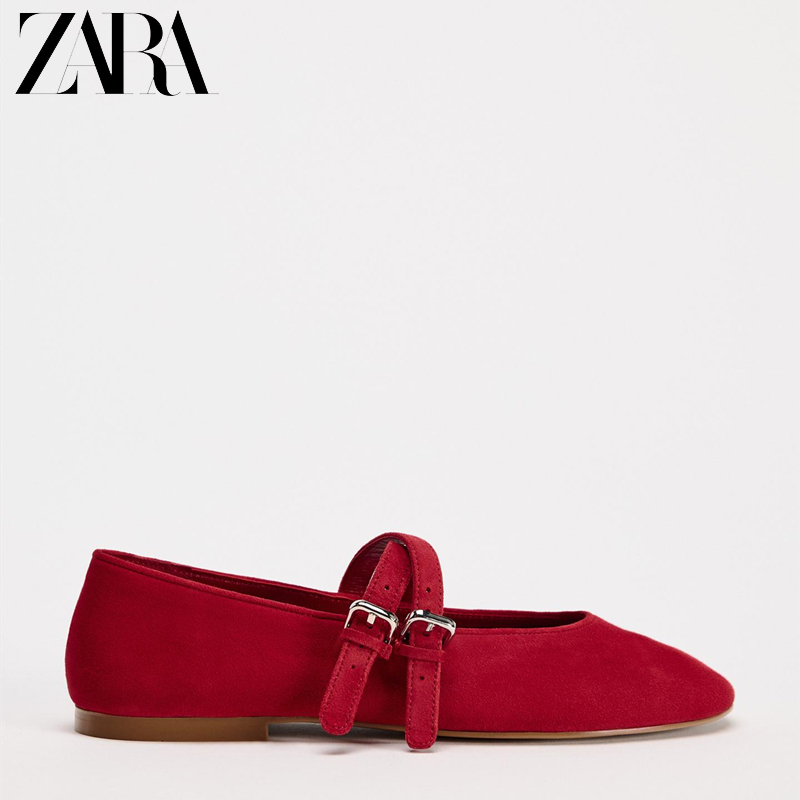 NEW Spain ZARAˉ 2024 Autumn New Women's Shoes Red Double Thin Belt Leather  Ballet Flat Shoes Mary Jane Suede Shoes Spanish style