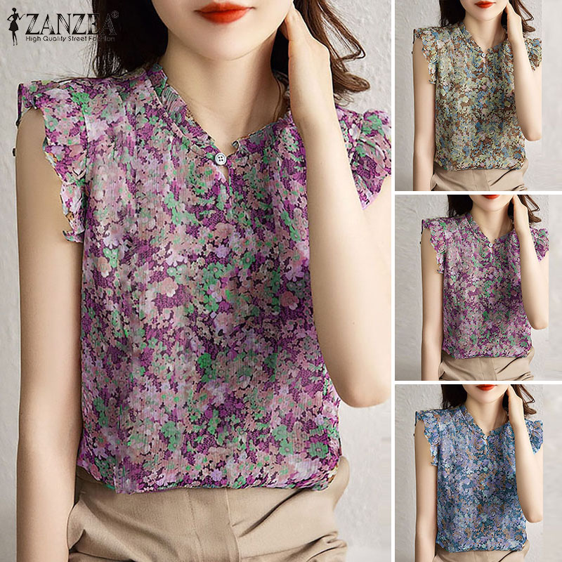 ZANZEA%20Women's%20Blouse%20Holiday%20Summer%20Tank%20Vest%20Casual%20Floral%20Cap%20Sleeveless%20Loose%20Blouse%20-%20Image%204