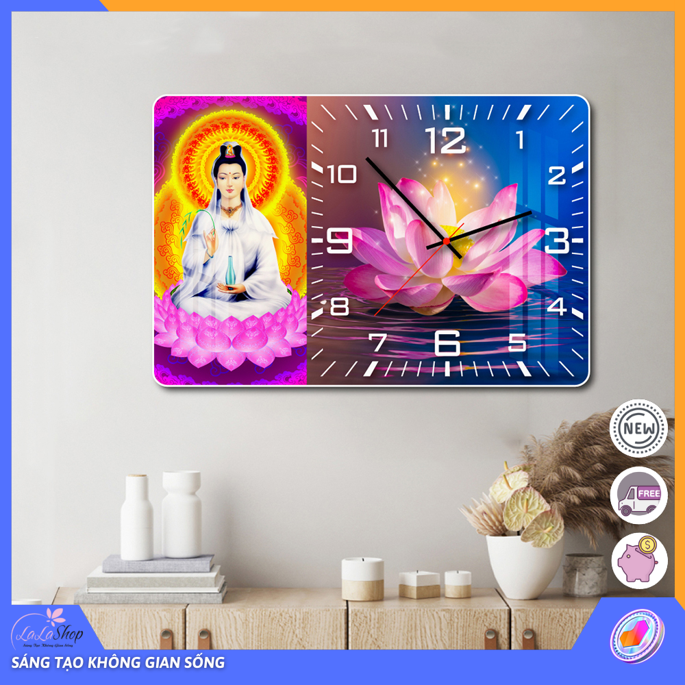 Lalashop - Tranh Phật Kèm Đồng Hồ Treo Tường Tráng Gương Cao Cấp Tranh đồng hồ tráng gương decor phòng khách Tranh Treo Tường Phật Quan Âm Bồ Tát Tranh Phật
