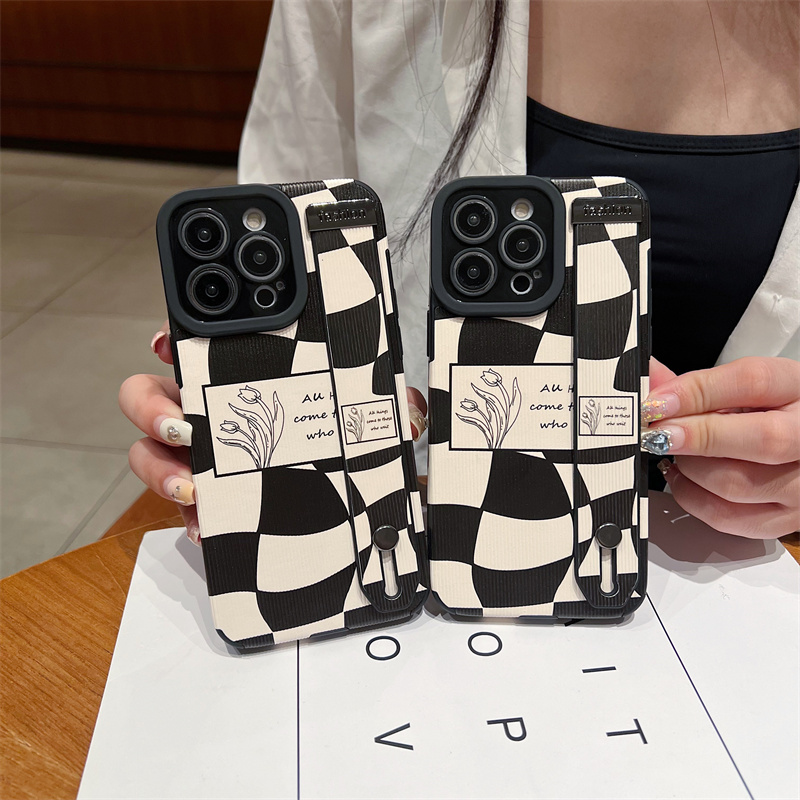 Black and white checkered tulip phone case for iphone 7 8 plus se 3 shockproof phone case for iphone 11 12 13 14 pro max casing leather wristband back cover