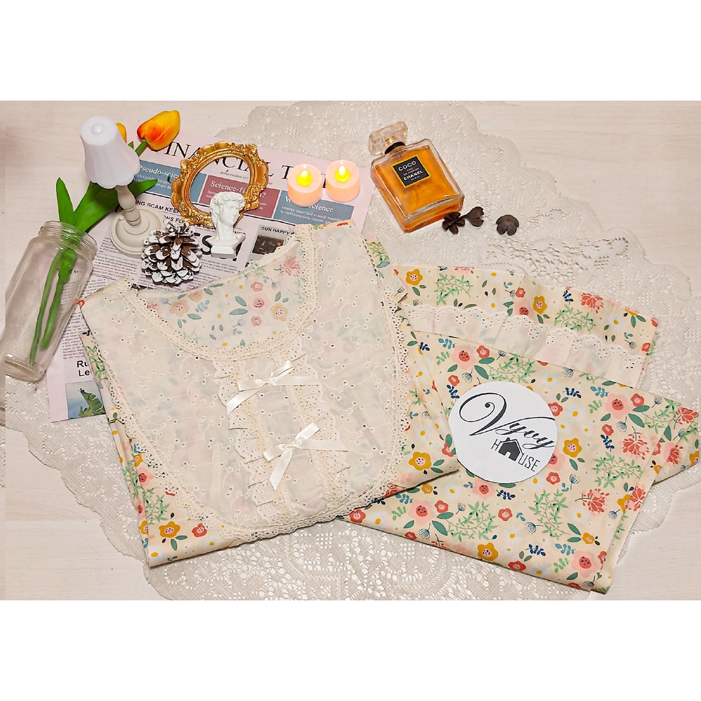 Set bộ hoa nhí phối ren cổ tròn quảng châu