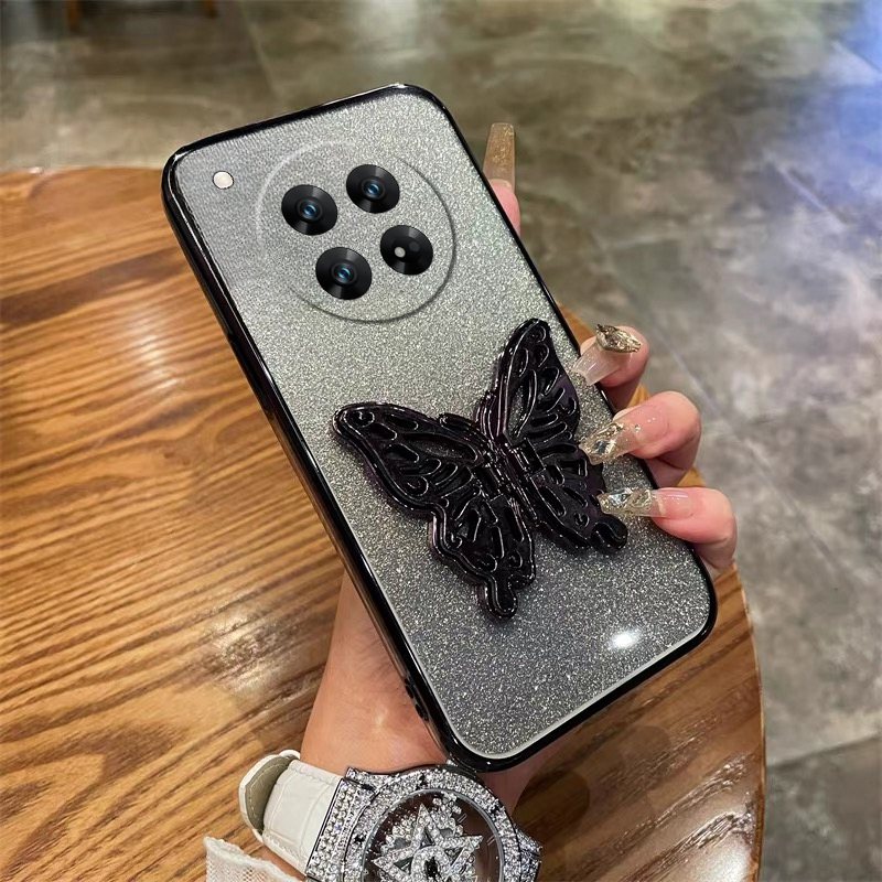 For Redmi 14C Case with Cute Butterfly Stand Luxury Slim Gradient Clear Plating Glitter Girls for Xiaomi Redmi 14C Back Cover.
