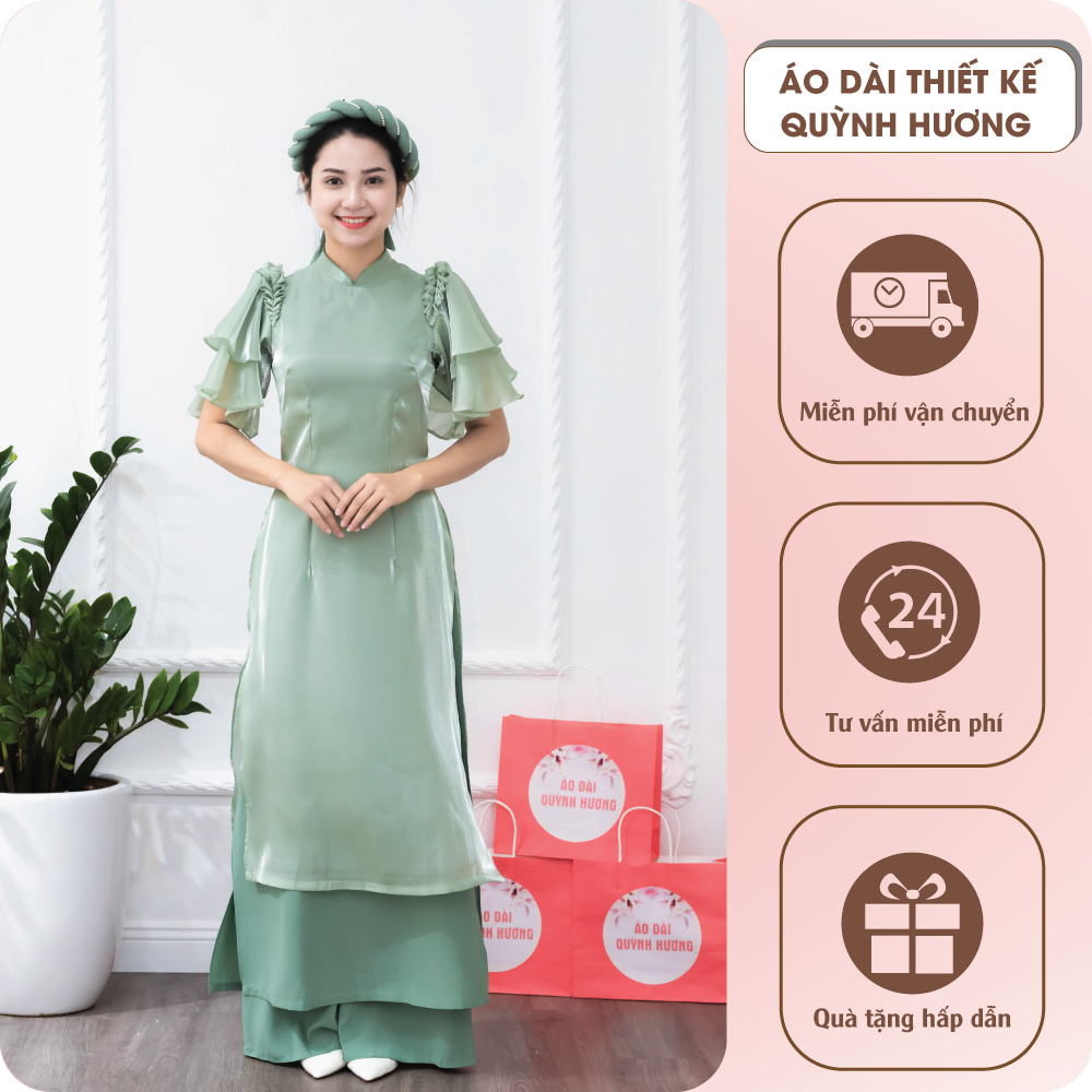 Áo dài voan tơ cánh tiên xanh mint