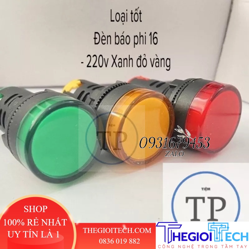 Đèn báo 220v pha ad16-16c phi 16 220v xanh đỏ vàng led lắp tủ điện