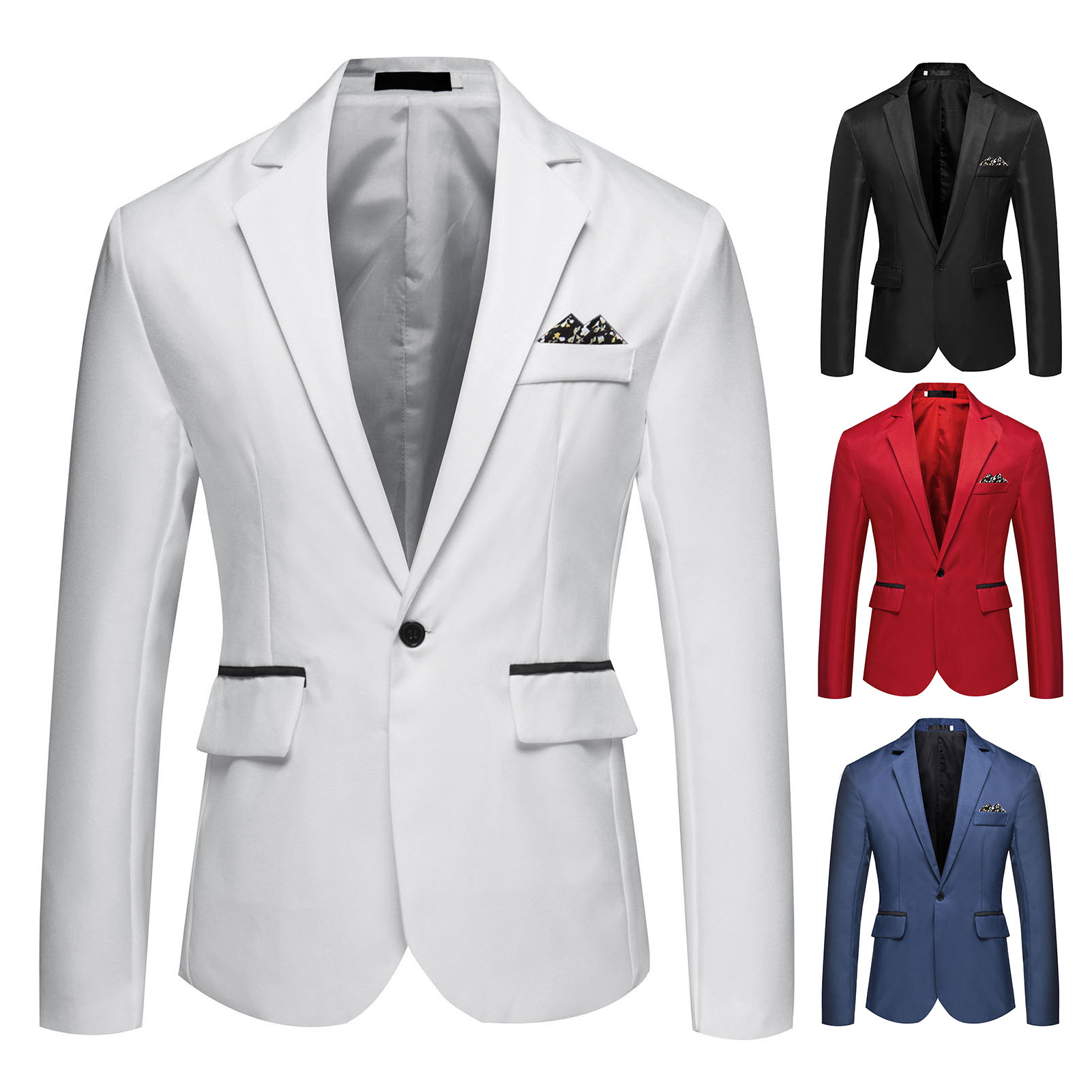 Men Lightweight Spring Fall Slim Fit Suit Jacket for Business Wedding Black White Stitching