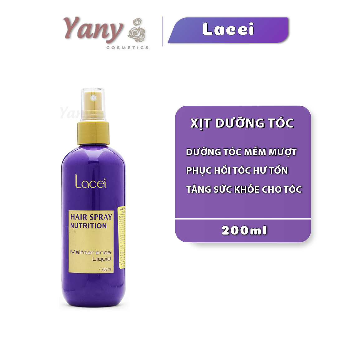 Xịt dưỡng tóc Lacei Nutrition 200ml, dưỡng tóc mềm mượt, phục hồi hư tổn, chăm sóc tóc khỏe, Lacei tím, Yany Cosmetics