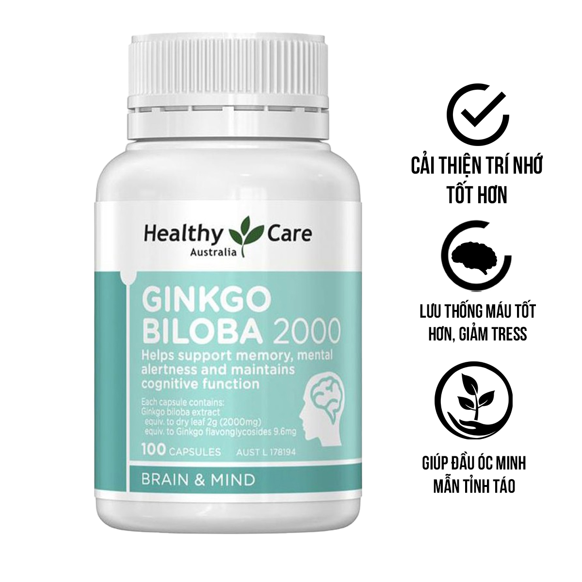 Bổ não Ginkgo Biloba 2000 Healthy Care 100 viên chính hãng Úc