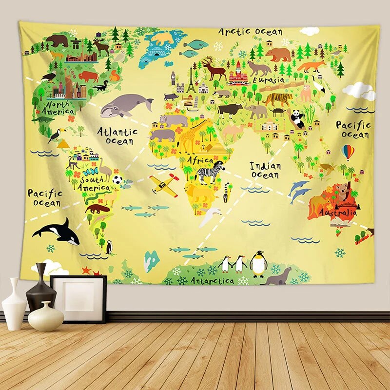 [ONE] Animals World Map Tapestry Wall Hanging Large Kids Educational