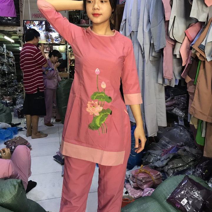 Bộ áo dài cách tân nữ phật tử đồ lam đi chùa vải katê thoáng mát