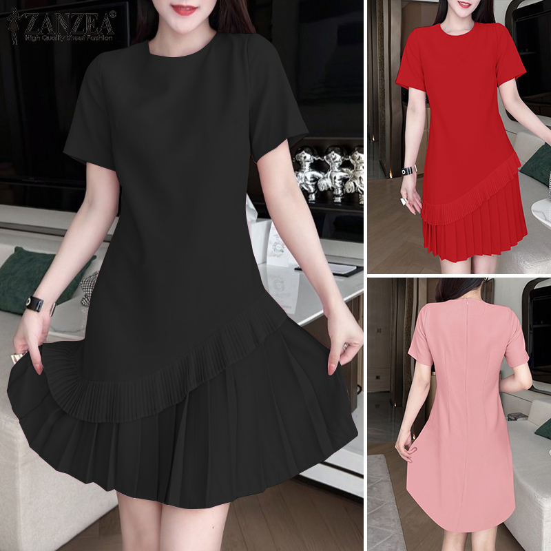 ZANZEA%20Korean%20Style%20Women's%20Dresses%20Commute%20Fashion%20Short%20Sleeve%20O%20Neck%20Patchwork%20Plain%20A-Line%20Dress%20-%20Image%205
