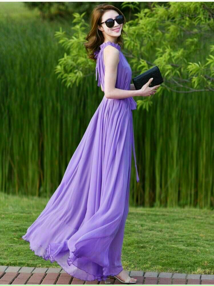 Đầm maxi dài cổ xếp ly sang trọng