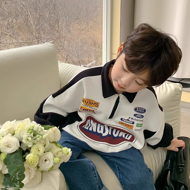 YA ZHOU LONG Boys sweatshirt with printed lapel cartoon top
