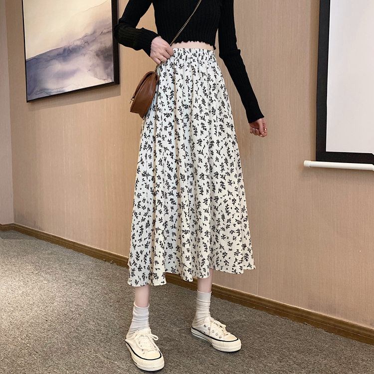 Floral skirt for women spring, autumn summer skirt mid-length skirt chiffon high-waisted A-line skirt