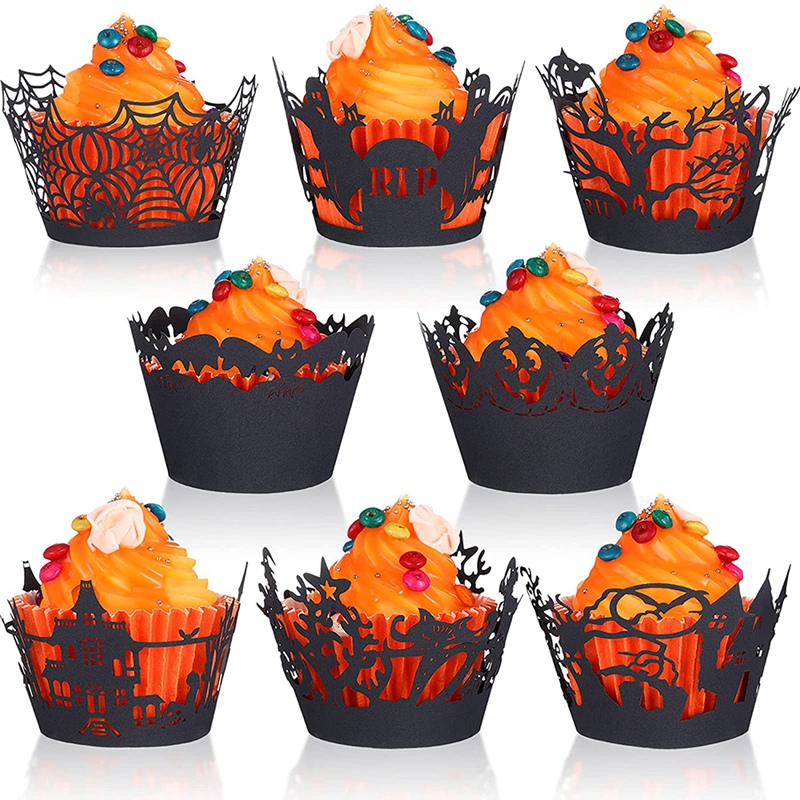 Fashionclubs Halloween Party Spiderweb Laser Cut Paper Cupcake Wrappers Wraps Liners Pack of 24,Black 