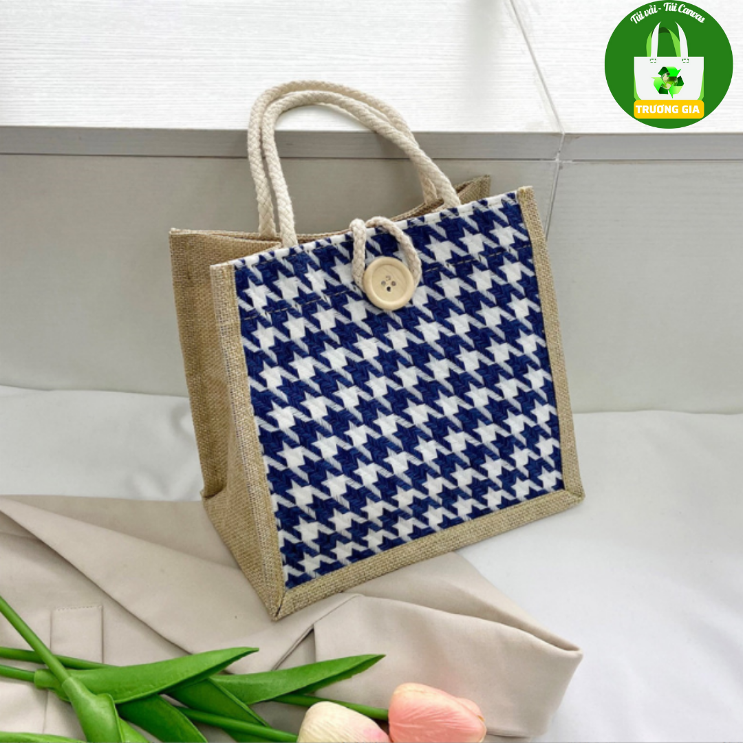 [xanh da trời]Túi Vải Cói, Vải Đay Vải Bố Túi xách nữ Khóa kéo 2022 Hàn Quốc túi nữ in Họa Tiết Caro Hoa vải lanh xu hướng thời trang Lucky Strar Trương Gia 11