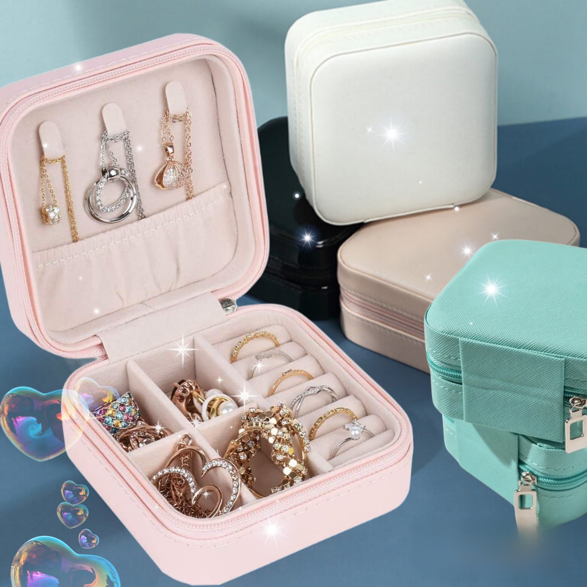Leather Jewellery Organizer Box with Zipper | Ear Rings & Necklace_Bracelets Holder | Small Jewelry Box Vanity Hanger Stand Velvet. 