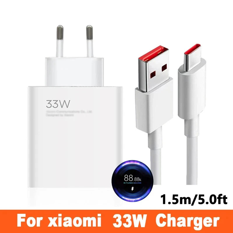 33W Turbo Fast Charger EU 6A Type C Cable For Xiaomi Redmi Note