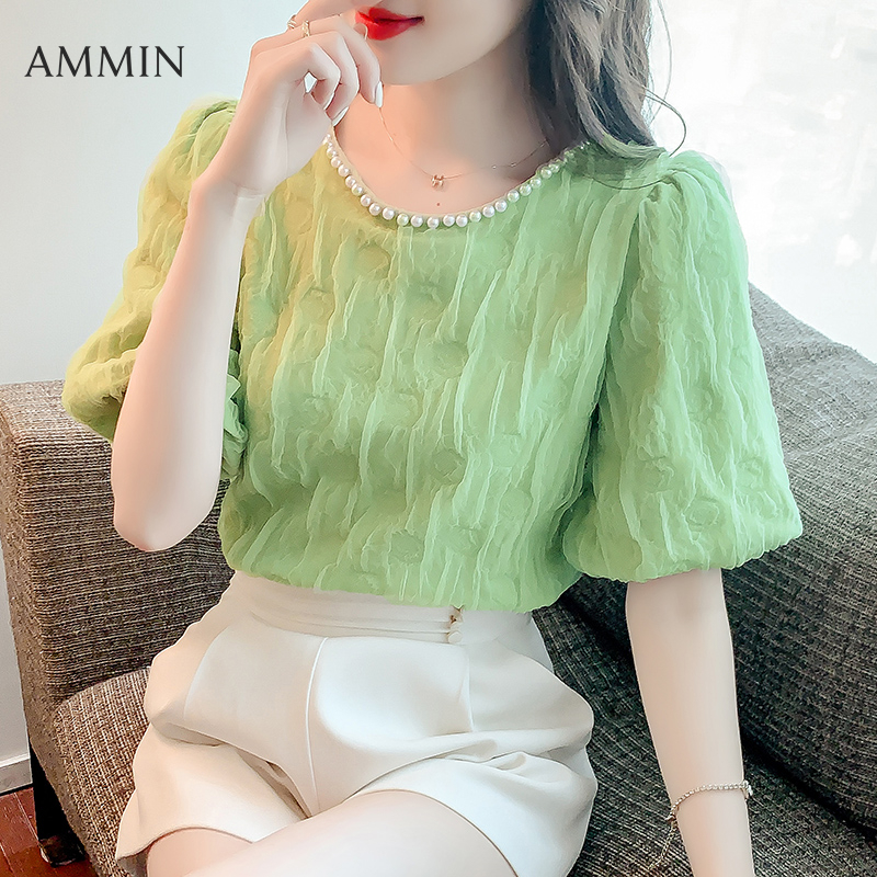 AMMIN 2023 summer new pearl chain stitching round neck short sleeve craft embossed sweet and elegant blouse women's retro ruffled puff sleeves Korean style chiffon shirt female chic tops