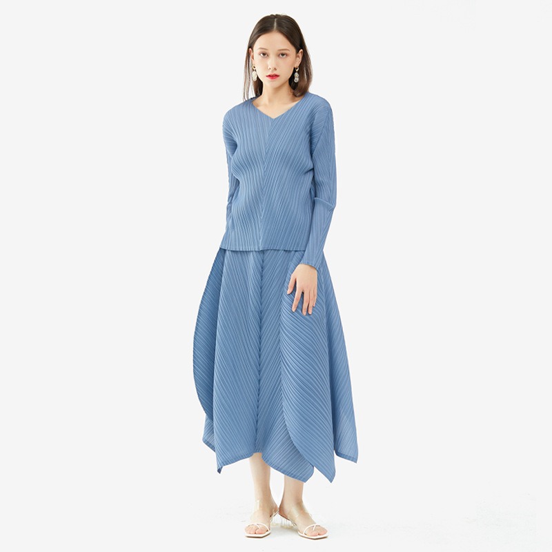 2023 Mùa Thu trơn mới Màu Sắc Cơ Bản Bộ hai mảnh xòe rộng Spliced Nửa Váy Tay áo dài V Cổ Top Phụ Nữ Của Thiết Lập