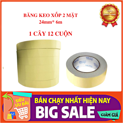BĂNG KEO XỐP 2 MẶT 1 cây (10 cuộn) 24mm* 6m