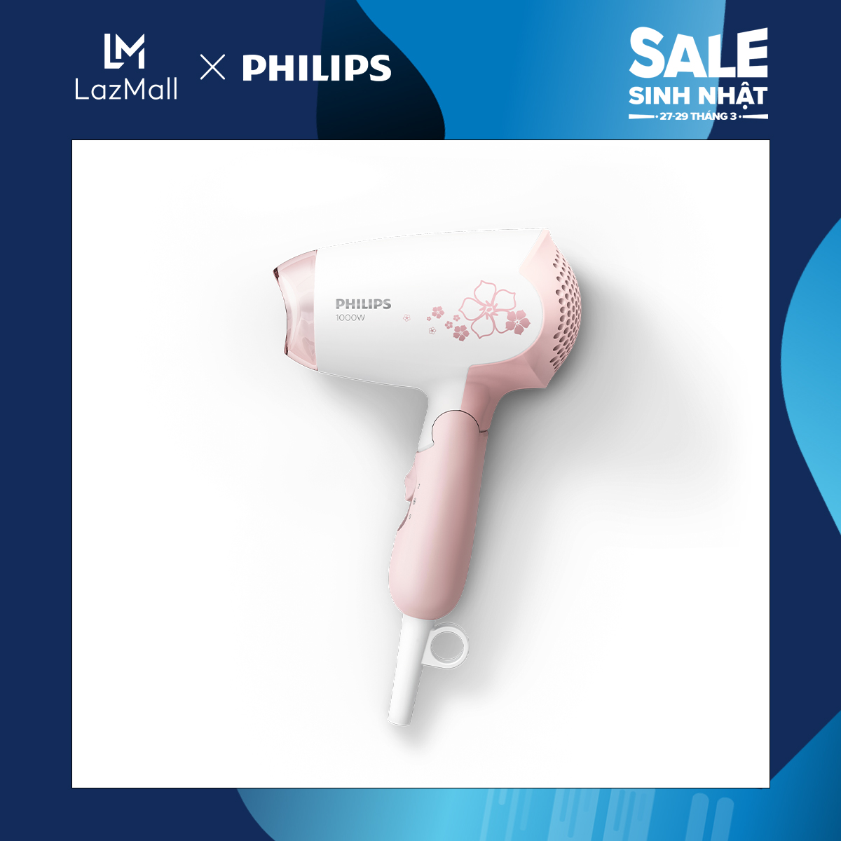 Máy sấy tóc cầm tay Philips 2 tốc độ 1000W HP8108/00 (Hồng)-tay cầm có thể gập- Hàng phân phối chính hãng